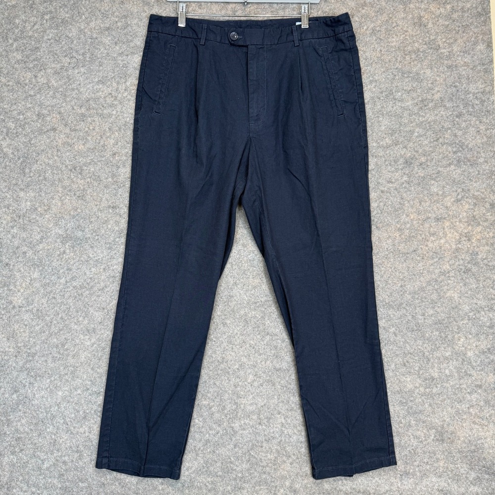 Bonobos Linen Blend Chino Pants Mens 36x30 Dark Navy Blue‎ Pleated Trousers
